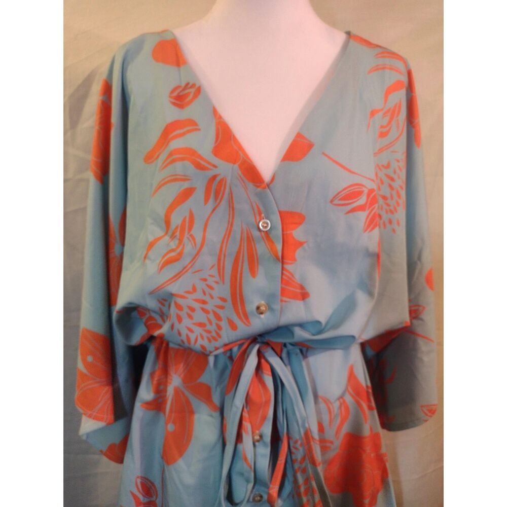 Blue Orange Floral Kimono Dress Size L V-Neck Button Front Tie Waist - Picture 3 of 8